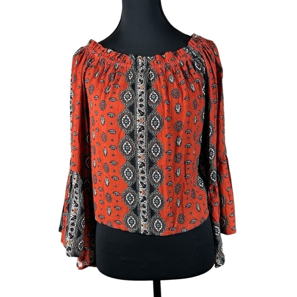 FARM Rio Geometric Boho Off The Shoulder Bell Sleeve Blouse Rust Orange Small